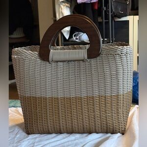 Handmade Guatemalan Woven Straw Tote Bag Wood Handles | Neutral Summer Bag NWOT